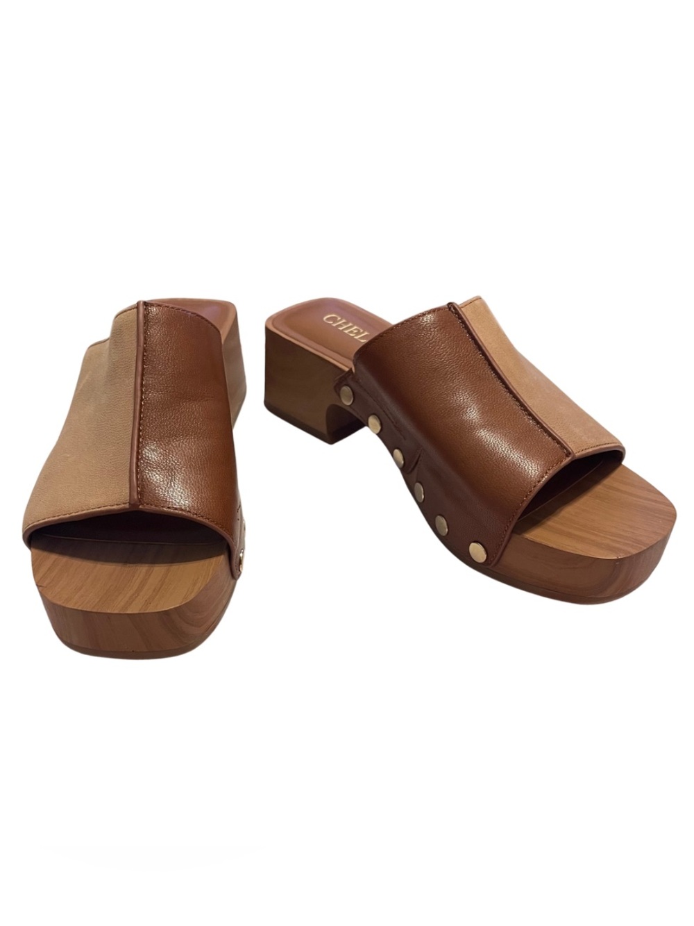 Chelsea & Violet Two-Tone Brown and Tan Leather Slide Platform Mules - Picture 1 of 10